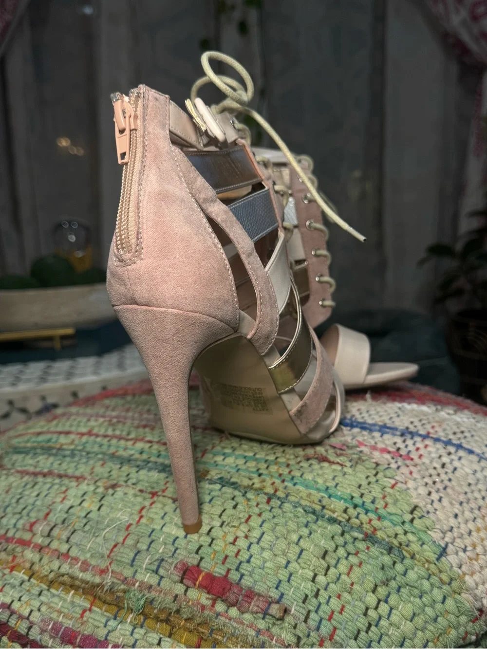 🪩🩰 Women's Strappy Lace-Up High Heel Stilleto Sandals in Blush and Metallic 🩰🪩